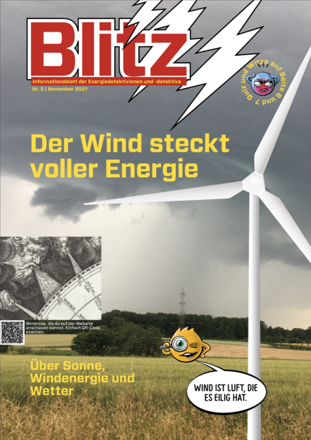 Auf dem Titelblatt ist ein grosses Windrad abgbildet vor einer regnerischen Landschaft. Ein Noertschie sagt: Wind ist Luft, die es eilig hat.